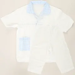 Home Time キッズ パジャマ 半袖 チェック サックス 襟付き ルームウェア 半袖上下セット 上下セット おうち時間 ナイトウェアー ユーズド USED 部屋着 男女兼用 ウエストゴム キッズ 子供用 夏パジャマ らくちん かわいい ユーズド USED