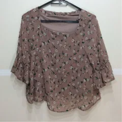 NATURALBEAUTYBASIC　ナチュラルビューティーベーシック 薄茶地ドット&花柄袖口フリル5分袖ブラウス サイズS 首後ろゴム入り