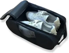 三八商店 シューズバッグ メッシュ 蒸れない 通気性ゴルフシューズバッグ ゴルフシューズケース シューズ袋 靴入れ袋 シューズ入れ 上履き入れ 出張 シューズバック スパイクケース 靴袋 大人(ブラック,  340x230x120mm)