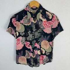 半袖シャツ 総柄 花柄 和柄 ブラック Lサイズ レディース 古着 Y2K レトロ