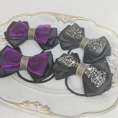 【ハロウィン】リボン ヘアゴム 蜘蛛の巣柄【黒&紫】