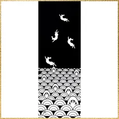 ☆彡送料無料でお届け☆彡 染の安坊 手ぬぐい「波鮫と兎」 黒 本染め 綿100% 特岡 日本製 35cm×100cm