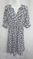 ◇ tocco closet 花柄 七分袖 ロング丈 ワンピース サイズM ネイビー ライトブルー イエロー レディース E  【1408220045969】