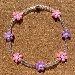 kidsビーズチョーカー⭐︎（紫・ピンク花7つ）
