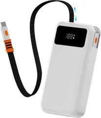 LUCKYDUO モバイルバッテリー 10000mAh 大容量 軽量 小型 内蔵ケーブル＆USB Type-C出力 低電流モード搭載 スマホ充電器 携帯充電器 iPhone 16/ 15 14 OPPO Samsung Xiaomi(ホワイト)