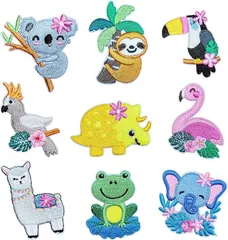 WATASHINO ワッペン アップリケ アイロンワッペン 大人 刺繍 アイロン接着 手芸 男の子 女の子 入園 入学(マルチカラー（オオハシ コアラ フラミンゴ ナマケモノ 南国動物 ）,  9枚セット)