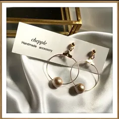 No.541コットンパールハンドメイドピアス　フープピアス　フープ　ハンドメイドイヤリング　ブラウン