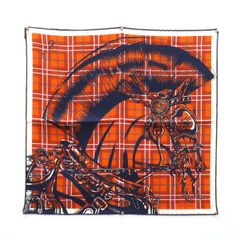 HERMES プチカレ Cheval Punk シュバルパンク HORSE POWER オレンジ×ネイビー シルク ハンカチ 美品 エルメス ◆送料込◆質屋-11019