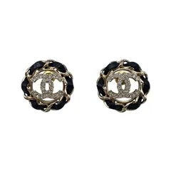 ☆E4292 シャネル ピアス ココマーク ラインストーン AB8297-B08169-NI211 ラムスキン メタル サークル ゴールド ブラック CHANEL