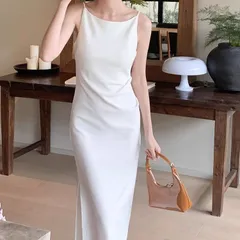 送料無料 サンプル品 アウトレット タイトシルエット ストレッチ タイトドレス スリット入り ロングワンピース/ホワイト/Mサイズ 夏ワンピ キャミソールワンピース レディース 薄手 インナーワンピース Aライン パシャ売り S-S