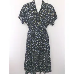 ◇ LOWRYS FARM 花柄 ウエストゴム 半袖 ロング ワンピース サイズM ブラック ライトブルー マルチ レディース  【中古】 【1203110003780】