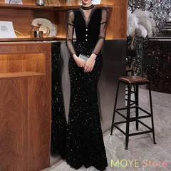 イブニングドレス ロングドレス 黒 シースルー袖 ベルベット 長袖 発表会ドレス ブラック キラキラ スパンコール Vネックキレイめ パーティードレス タイト 大人 演奏会 0935