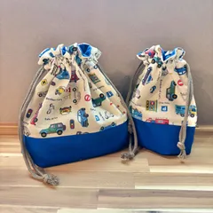 【2点セット】お弁当袋・コップ袋　働く車  ✖️ ブルー　／  男の子　車　青