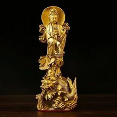 黄楊木 手彫り 龍上観音 仏像 彫刻 御龍観音21cm 玄関飾り開運 収蔵 実 