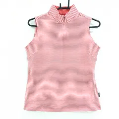 【美品】アディダス ノースリーブハイネックシャツ レッドピンク×白 ボーダー柄 ハーフジップ  レディース L/G ゴルフウェア adidas