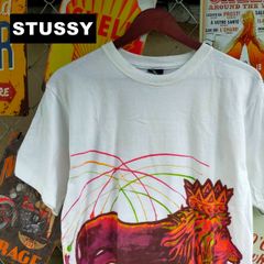 STUSSY ステューシー COSTOMADE USA製 Tシャツ M～L相当 ライオン グラフィック アート 両面プリント 白 ホワイト 10658
