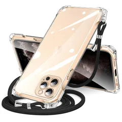 iPhone 11 Pro Max 用 ケース クリア ショルダー iphone11pro max 用 スマホケース アイフォン11ProMax カバー 肩掛け 斜めかけ 縄掛けケース 透明 TPU 薄型 軽量 耐衝撃 紐付き 斜めがけ 織りストラップ付き 0