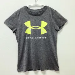 古着　UNDER ARMOUR　アンダーアーマー　HEAT GEAR　ヒートギア　イエローロゴ　半袖Tシャツ　ユニセックス　Mサイズ　クルーネック　ドライ　グレー　灰色　スポーツウェア
