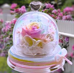 枯れない希望のお花・パステルレインボーローズプリザーブドフラワー・ハートドーム