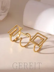 リング レディース セット 18Kステンレススチール幾何学的非対称オープンリングセット3個、女性の日常着用に適しています