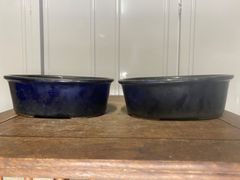 盆栽鉢　楕円　２点セット　青　釉　小品盆栽　松盆栽　松柏　雑木　寄せ植え　観葉植物　多肉植物　山野草　花　盆栽　和鉢　鉢　植木鉢