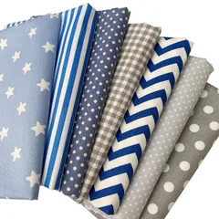 7枚 グレー＆ブルー生地 布 大柄 綿100％ 手芸 手作り 布地 セット 46×56cm ドット・星・チェック・波線