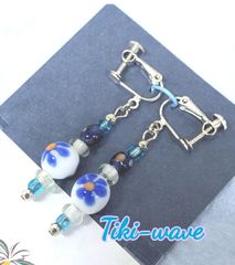 ファッションイヤリング フラワーデザイン トンボ玉  & アクアクリスタル A-381