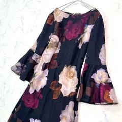 美品カルバンクライン 袖フリルワンピース 大花柄 パーティードレス B0532