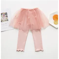 ☆ ピンク ☆ 140cm ☆ リボンチュールスカッツ キッズ ボトムス スカッツ キッズ レギンス 女の子 チュールスカート レギンスパンツ スパッツ 10分丈 かわいい レース リボン 子供服 子ども服 おしゃれ オシャレ ボトムス ロングパンツ 可愛い