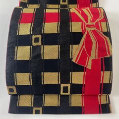 袋帯 美品 秀品 玉城ティナ リボン 幾何学模様 金糸 箔 黒 六通 正絹 【中古】