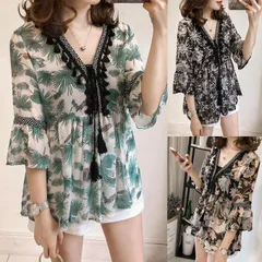 レディース ブラウス 花柄ブラウスレース オシャレブラウス Vネット ブラウス 七分袖フリル袖 春夏 大きいサイズ 韓国風 UVカット 大人 通勤#miyat4774