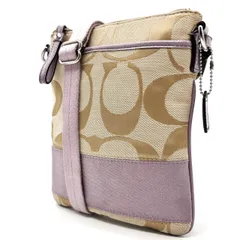 【良品】 COACH コーチ ポシェット ショルダーバッグ 小物入れ シグネチャー 総柄 キャンバス レザー レディース ベージュ 肌色 パープル 紫色