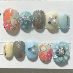 ネイルチップ 和柄  振袖　ぷっくりフラワー  成人式　卒業式