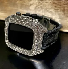 シルバー×ブラック　アップルウォッチカバーバンドキラキラAppleWatchラバーカスタム　44mm 45mm ベルト　ケース　セット　スパイダーラバー