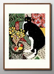 13948猫 ネコ ハチワレ猫 マティスに憧れて モダン A3 サイズ ポスター アート おしゃれ 絵画 インテリア 北欧 イラスト マット紙 艶消し アートパネル 額 フレーム デザイン 壁掛け ギフト 新築祝い ディスプレイ