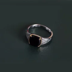  ブラックオニキス リング レディース ミニマルデザイン 上品シンプル INS風 小衆アクセサリ