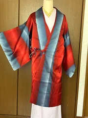 道中着　単衣　赤/ブルー系　裄66