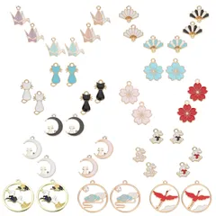 【在庫処分】SUNNYCLUE　和風の恋　42個21種　和風　チャーム　桜　ねこ　鶴　チャーム　花　猫　パーツ　フラワー　折鶴　ピアス　扇子　うさぎ　イヤリング　折り鶴　月　ネックレス　花びら　扇　ブレスレット　円形　キーホルダー　メタルパーツ　エナメル　合金