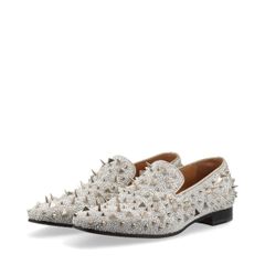 Christian Louboutin クリスチャンルブタン DANDY PIK PIK スパイクスタッズ スワロフスキー レザー×ラインストーン ローファー メンズ 42 1/2 シルバー イタリア製