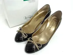 ■美品■ GINZA Kanematsu 銀座かねまつ パテントレザー リボン ヒール パンプス 表記サイズ 23 靴 シューズ ブラック系 DK6234