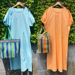 Linen dress　　　sky blue/orange