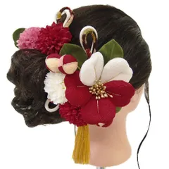 髪飾り 成人式 つまみ細工 赤 振袖 前撮り 袴 浴衣 夏祭り 花火大会 2点セット 臙脂 ピンク 白 ちりめん 玉飾り 房付き ヘアア No.9-4170