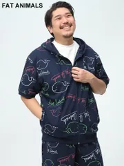 当店独占販売 FAT ANIMALS 半袖パーカー ファットアニマルズ クジラ 総柄 ジップアップ ポケット 大きいサイズ メンズ フーディー トップス アウター ネイビー