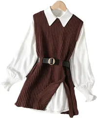 Maison de TAO メゾンドタオ シャツ ニット ベスト ベルト 付き 3点 セット レディース 茶( ブラウン,  Free Size)