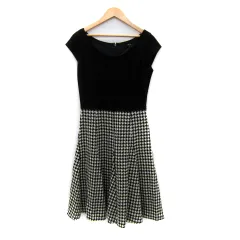 コムサイズム COMME CA ISM ワンピース ミモレ丈 フレンチスリーブ 切替 千鳥格子柄 L 黒 ブラック 白 ホワイト /SY42
