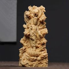 黄楊木 手彫り 龍上観音 仏像 彫刻 御龍観音21cm 玄関飾り開運 収蔵 実 