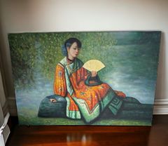久富金之助 油彩画 人物画 窓辺の女性 肉筆 キャンバス アート