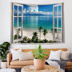 【人気商品】海 と 150 (白い窓 部屋のベッドルームを飾るために使用することが モチーフにし x 窓を バルコニー 自然風景 ツリー 130cm) ビーチ タペストリー 壁掛