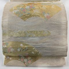 袋帯 美品 秀品 夏帯 絽 扇面 草花 金銀糸 箔 ベージュ 六通 正絹 【中古】