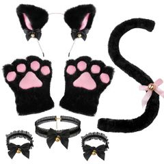 猫耳 カチューシャ しっぽ 肉球手袋 厚手 首輪 手首飾り 5点セット 黒猫 コスプレ 鈴付き もこもこ ハロウィン 仮装 小物 (黒)